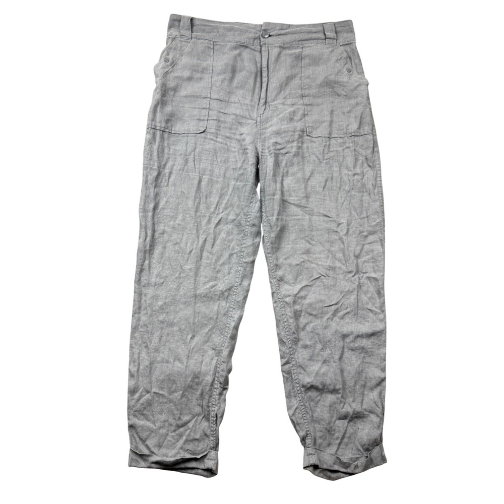 Tahari Women XL Grey 100% Linen Pants Cuffed Hem Trousers Coastal Luxery